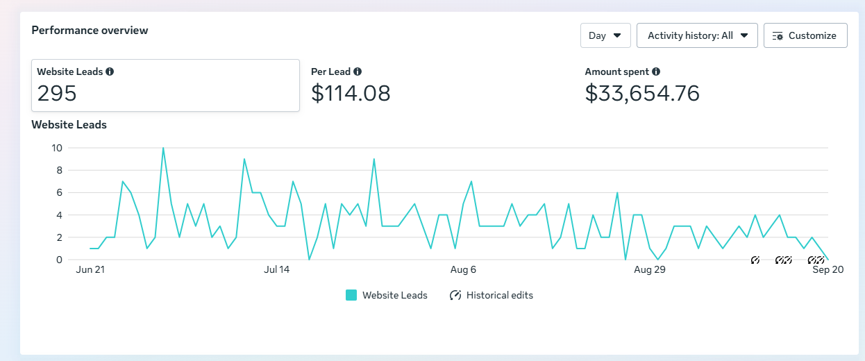 Meta Ads Manager performance overview for the Shine Property Services roof cleaning campaign showing 295 website leads at $114.08 per lead